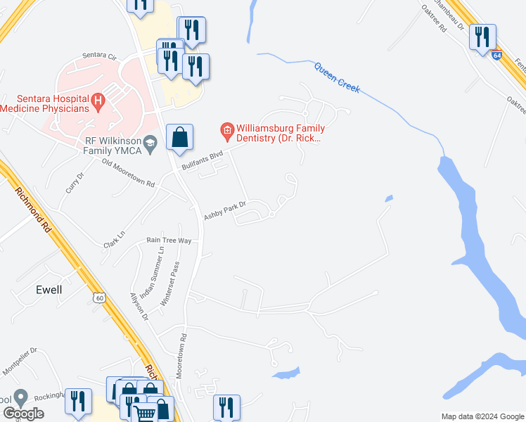 map of restaurants, bars, coffee shops, grocery stores, and more near 345 Capeside Court in Williamsburg