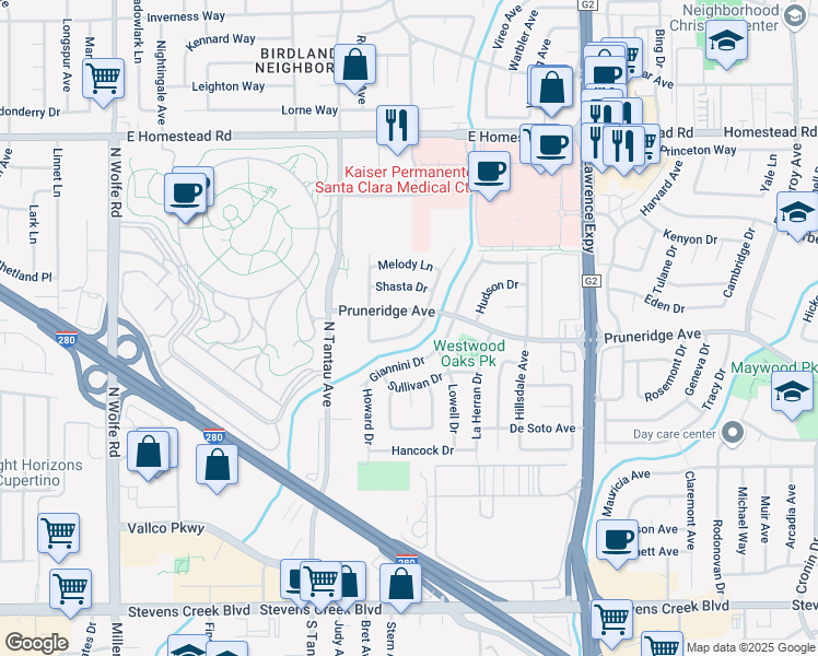 map of restaurants, bars, coffee shops, grocery stores, and more near 3824 Pruneridge Avenue in Santa Clara
