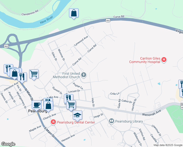 map of restaurants, bars, coffee shops, grocery stores, and more near 408 Hale St in Pearisburg