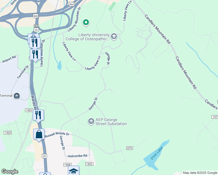 map of restaurants, bars, coffee shops, grocery stores, and more near 929 George Street in Lynchburg