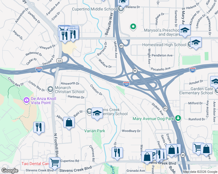 map of restaurants, bars, coffee shops, grocery stores, and more near 10601 Madera Drive in Cupertino