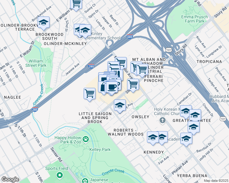 map of restaurants, bars, coffee shops, grocery stores, and more near 999 Story Road in San Jose