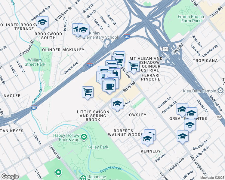map of restaurants, bars, coffee shops, grocery stores, and more near 999 Story Road in San Jose