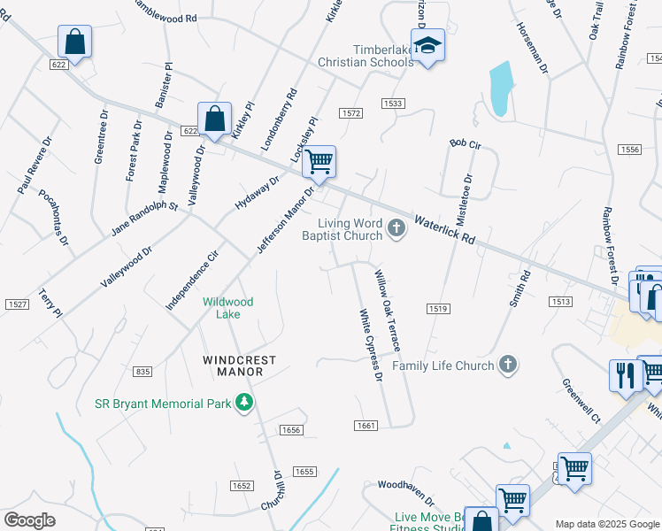 map of restaurants, bars, coffee shops, grocery stores, and more near 14 Willow Oak Terrace in Forest