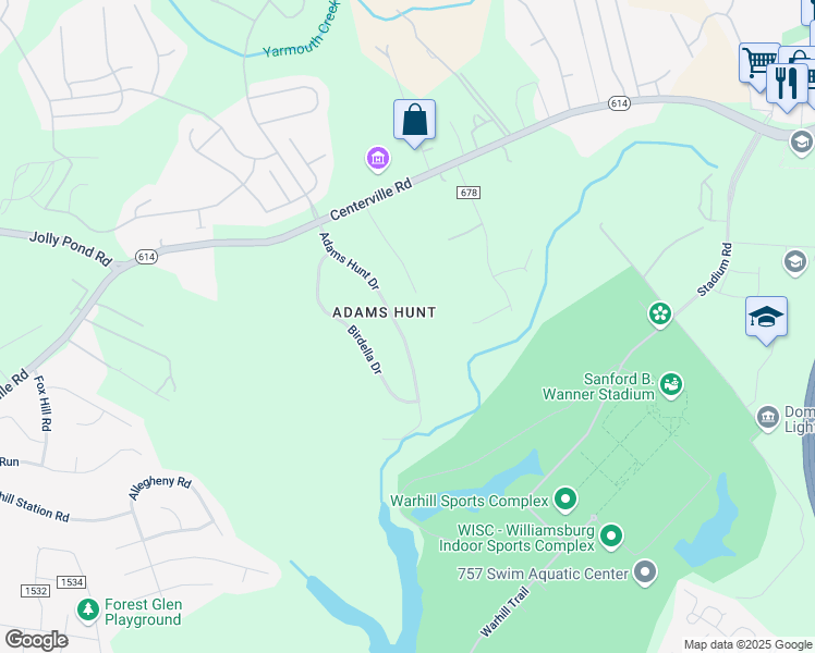 map of restaurants, bars, coffee shops, grocery stores, and more near 6257 Adams Hunt Drive in Williamsburg