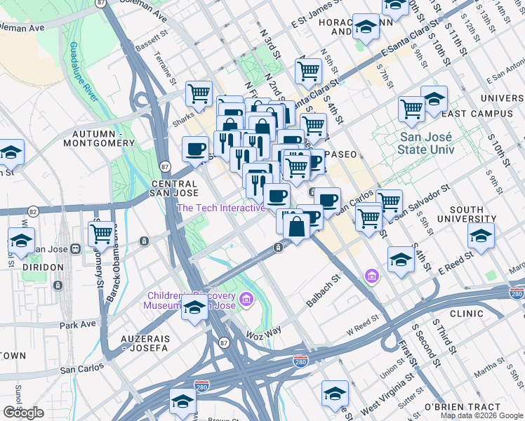map of restaurants, bars, coffee shops, grocery stores, and more near  in San Jose
