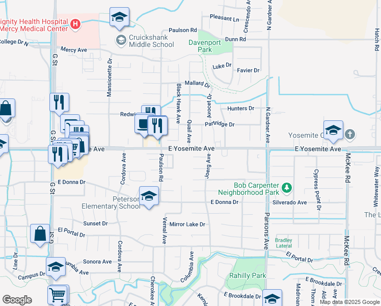 map of restaurants, bars, coffee shops, grocery stores, and more near 1139 Curry Village Court in Merced