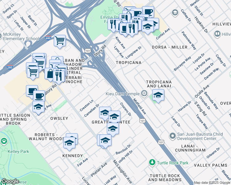 map of restaurants, bars, coffee shops, grocery stores, and more near 1332 Crucero Drive in San Jose