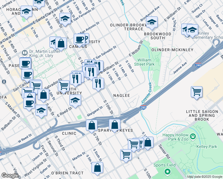 map of restaurants, bars, coffee shops, grocery stores, and more near in San Jose