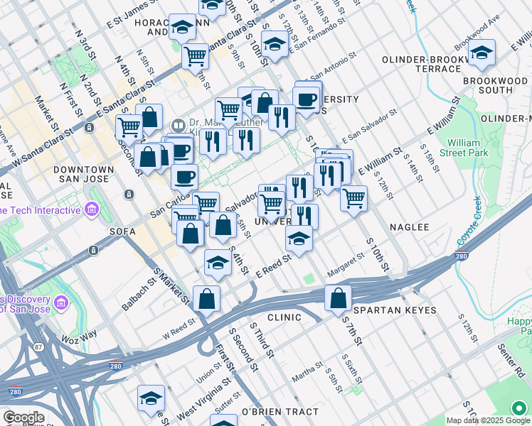 map of restaurants, bars, coffee shops, grocery stores, and more near 463 South 7th Street in San Jose