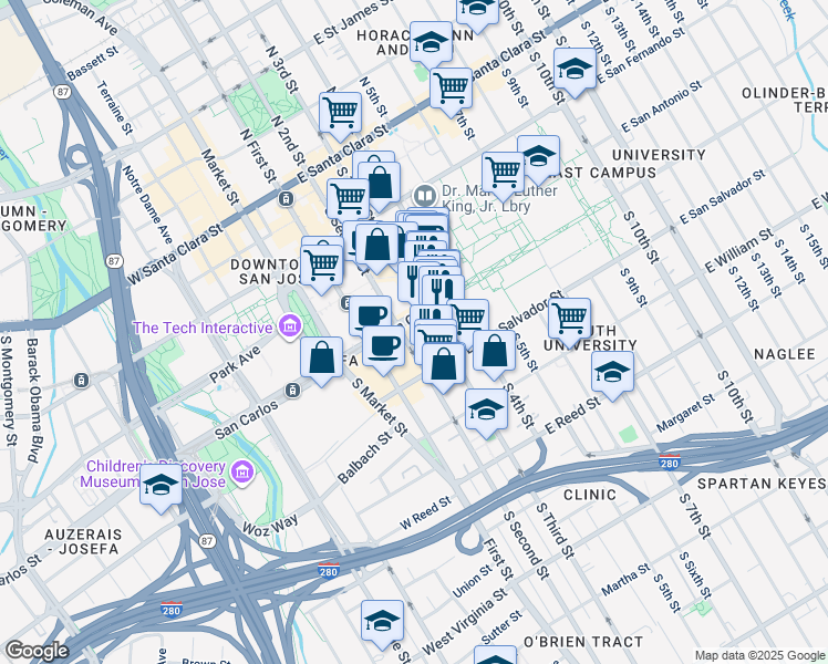 map of restaurants, bars, coffee shops, grocery stores, and more near 308 South 2nd Street in San Jose