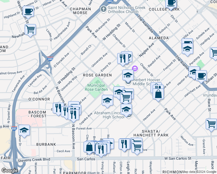 map of restaurants, bars, coffee shops, grocery stores, and more near 1649 Naglee Avenue in San Jose