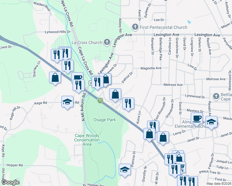 map of restaurants, bars, coffee shops, grocery stores, and more near 1512 Jessica Drive in Cape Girardeau