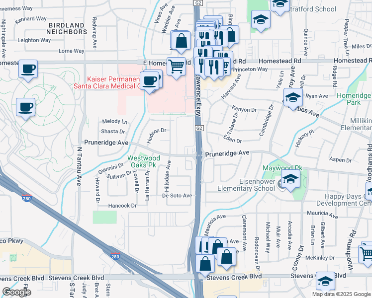 map of restaurants, bars, coffee shops, grocery stores, and more near in Santa Clara