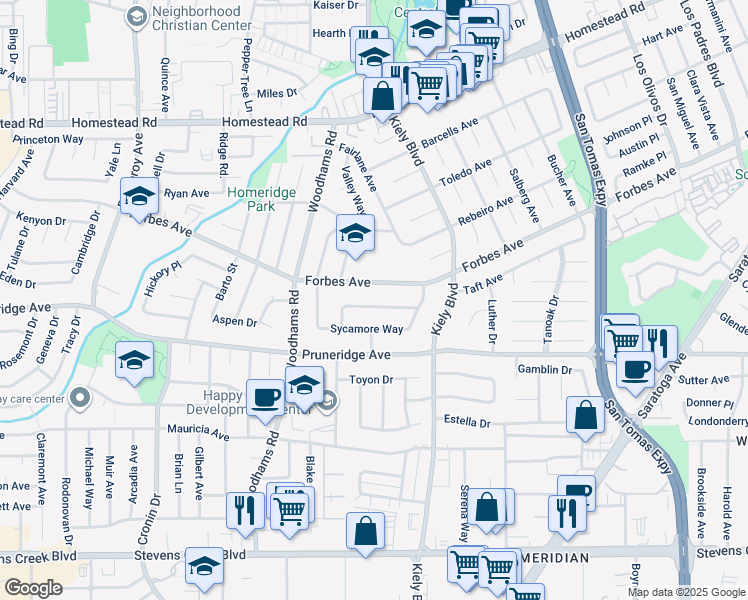 map of restaurants, bars, coffee shops, grocery stores, and more near 2850 Forbes Avenue in Santa Clara