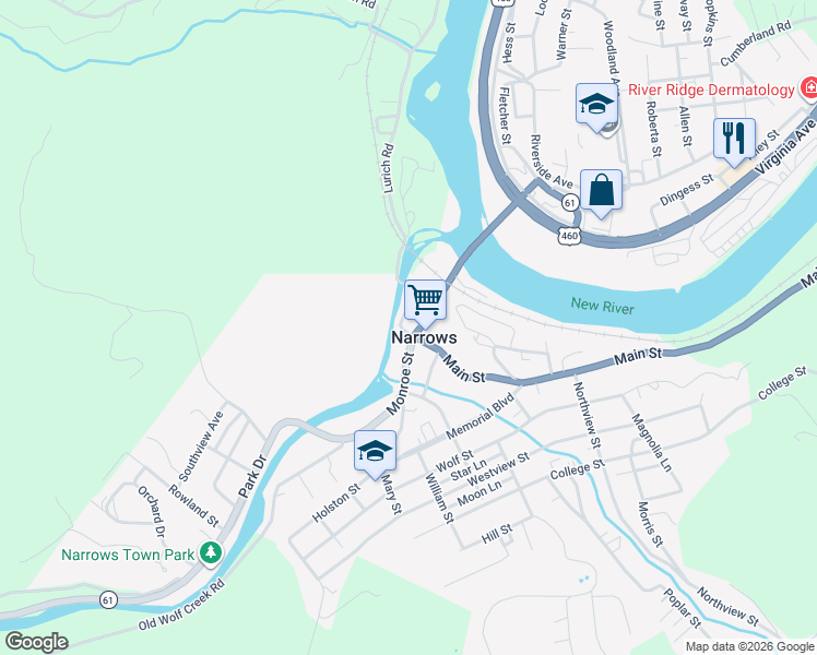 map of restaurants, bars, coffee shops, grocery stores, and more near 100 Main Street in Narrows