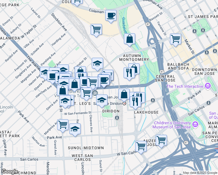 map of restaurants, bars, coffee shops, grocery stores, and more near The Alameda & Bush Street in San Jose