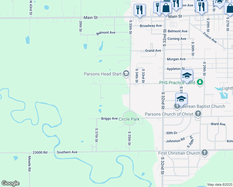 map of restaurants, bars, coffee shops, grocery stores, and more near 3500-3568 Mosher Road in Parsons
