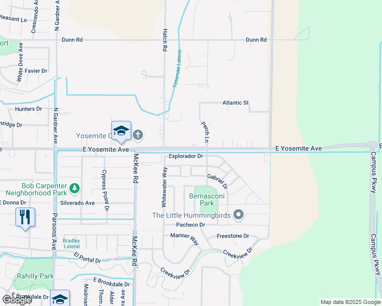 map of restaurants, bars, coffee shops, grocery stores, and more near 2363 Explorador Drive in Merced