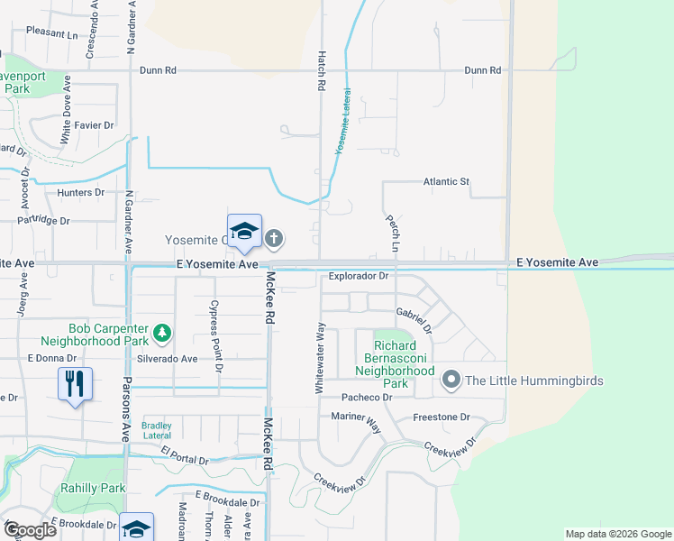 map of restaurants, bars, coffee shops, grocery stores, and more near 2329 Explorador Drive in Merced