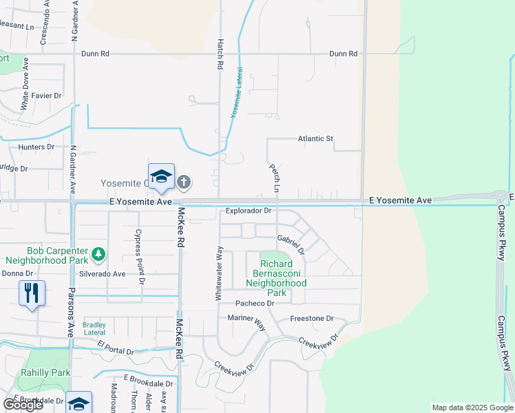 map of restaurants, bars, coffee shops, grocery stores, and more near 2367 Explorador Drive in Merced