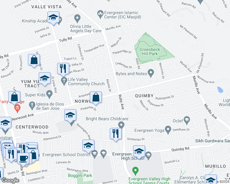 map of restaurants, bars, coffee shops, grocery stores, and more near 3391 Norwood Avenue in San Jose