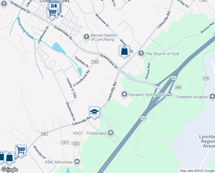 map of restaurants, bars, coffee shops, grocery stores, and more near 20278 Leesville Road in Lynchburg