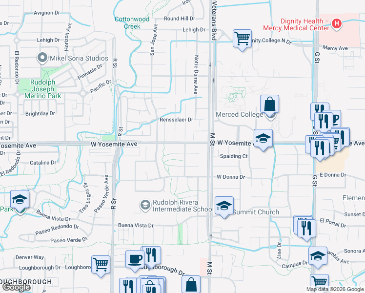 map of restaurants, bars, coffee shops, grocery stores, and more near 3559 Guadalupe Avenue in Merced