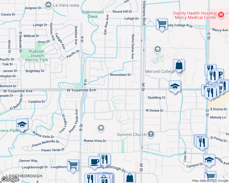 map of restaurants, bars, coffee shops, grocery stores, and more near 760 West Yosemite Avenue in Merced