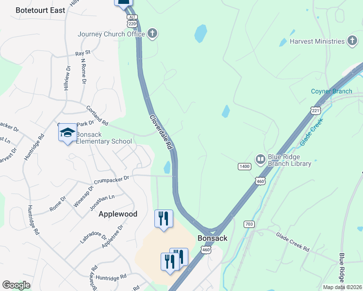 map of restaurants, bars, coffee shops, grocery stores, and more near 5188 Cloverdale Road in Roanoke