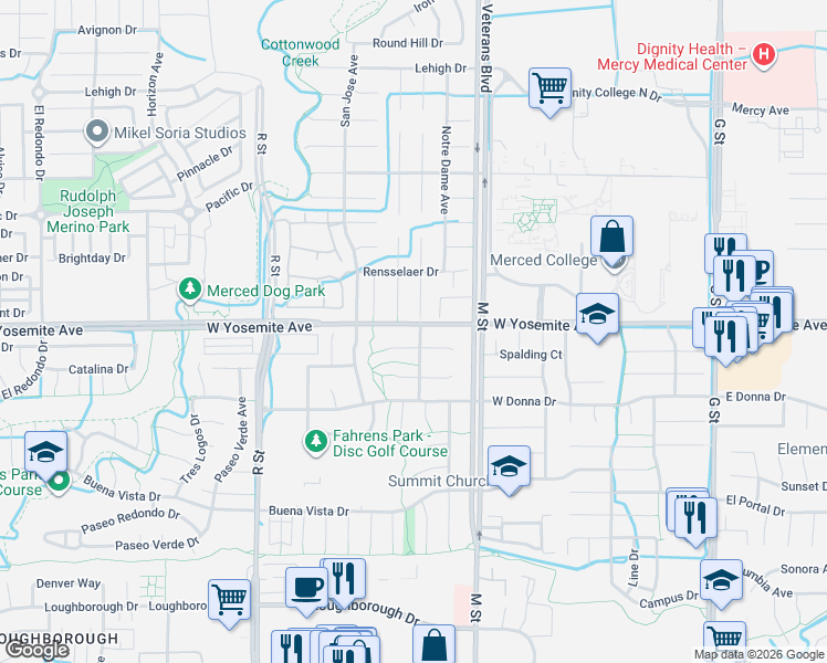 map of restaurants, bars, coffee shops, grocery stores, and more near 3557 Guadalupe Avenue in Merced