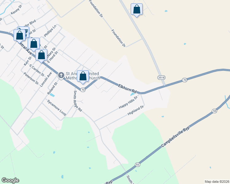map of restaurants, bars, coffee shops, grocery stores, and more near 1-199 Meadowview Court in Campbellsville