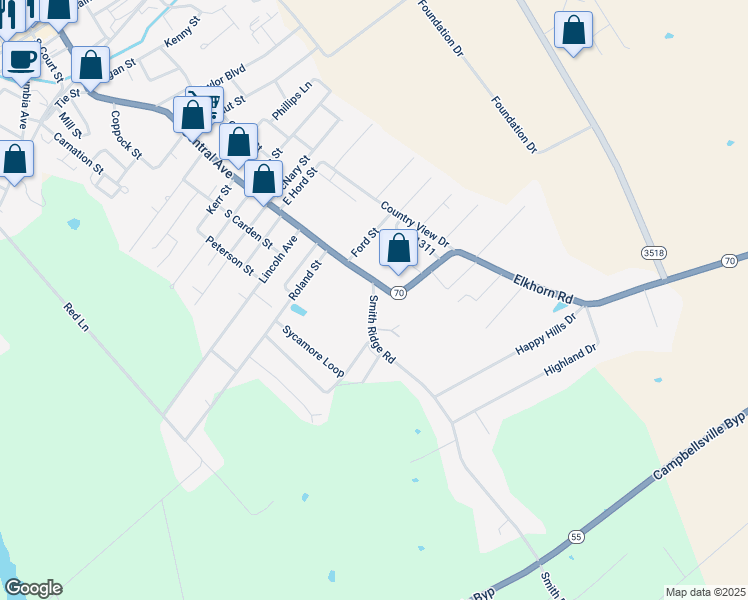 map of restaurants, bars, coffee shops, grocery stores, and more near State Highway 372 in Campbellsville