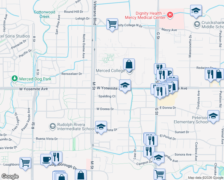 map of restaurants, bars, coffee shops, grocery stores, and more near 3572 Wathen Court in Merced