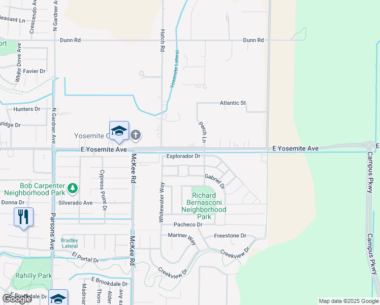 map of restaurants, bars, coffee shops, grocery stores, and more near 2367 Explorador Drive in Merced