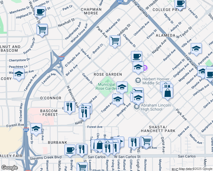 map of restaurants, bars, coffee shops, grocery stores, and more near 1649 Naglee Avenue in San Jose