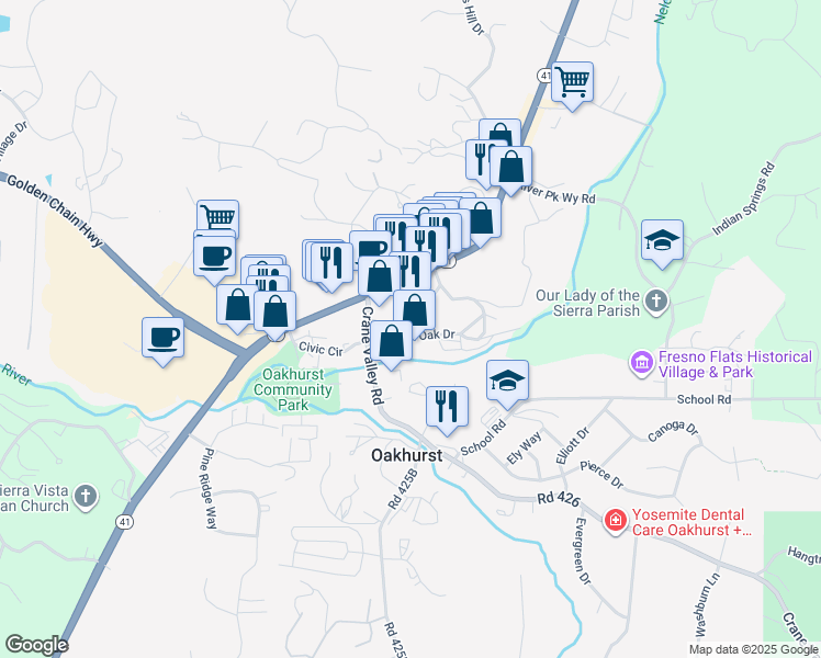 map of restaurants, bars, coffee shops, grocery stores, and more near 49271 Golden Oak Drive in Oakhurst