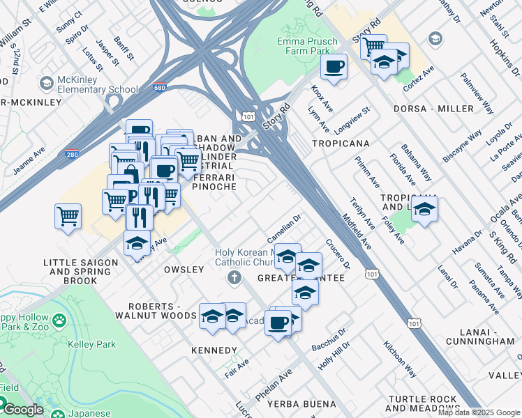 map of restaurants, bars, coffee shops, grocery stores, and more near 1300 Santee Drive in San Jose