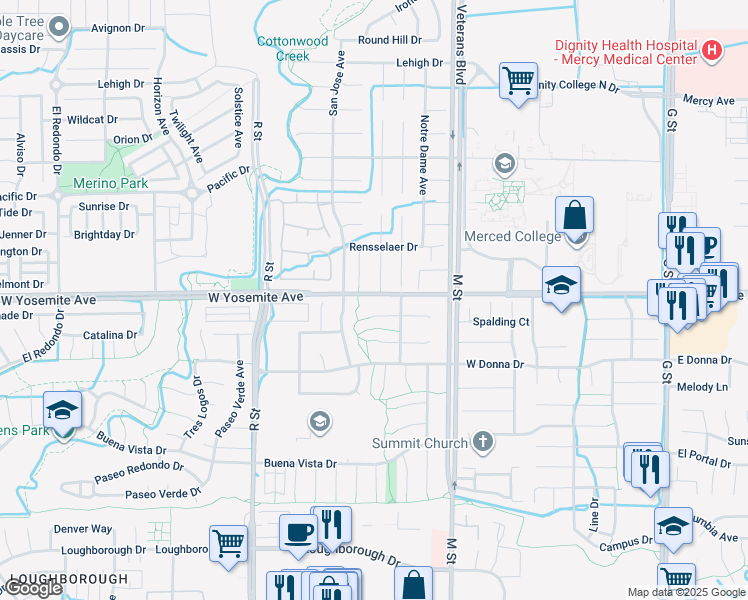 map of restaurants, bars, coffee shops, grocery stores, and more near 734 West Yosemite Avenue in Merced