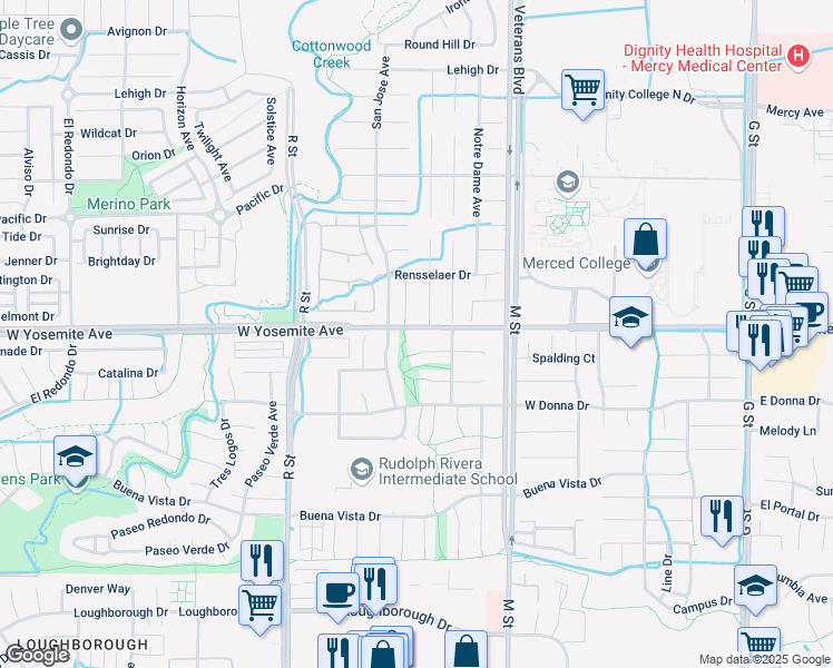 map of restaurants, bars, coffee shops, grocery stores, and more near 734 West Yosemite Avenue in Merced