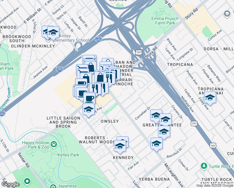 map of restaurants, bars, coffee shops, grocery stores, and more near 1164b McLaughlin Avenue in San Jose