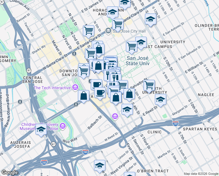 map of restaurants, bars, coffee shops, grocery stores, and more near 308 South 2nd Street in San Jose