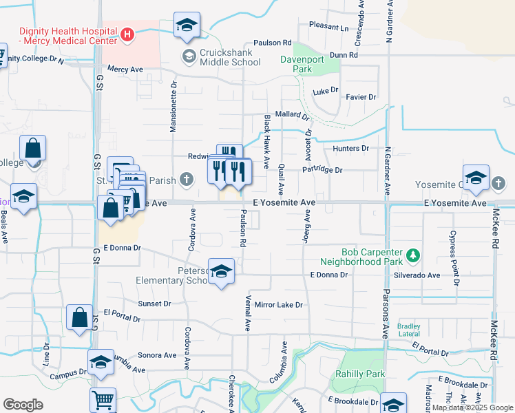 map of restaurants, bars, coffee shops, grocery stores, and more near 1055 Century Circle in Merced