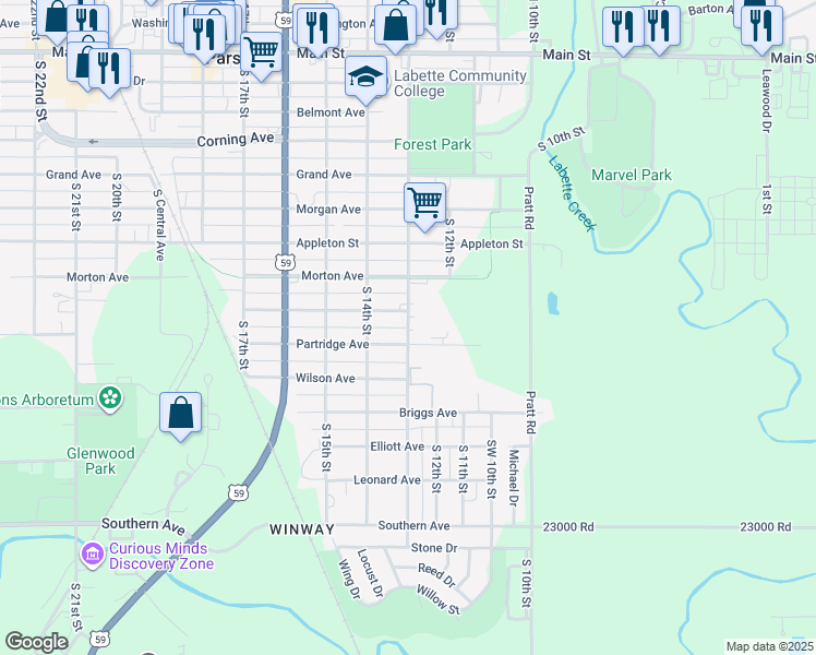 map of restaurants, bars, coffee shops, grocery stores, and more near 949 S 13th St in Parsons