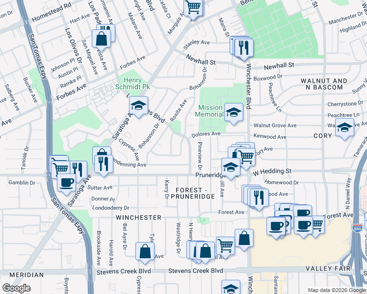 map of restaurants, bars, coffee shops, grocery stores, and more near 2320 Talia Avenue in Santa Clara