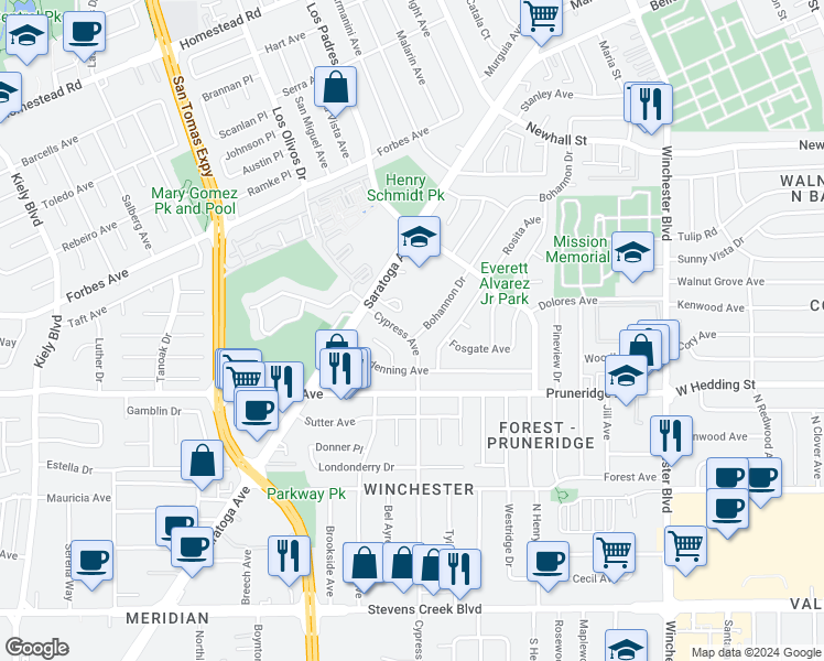map of restaurants, bars, coffee shops, grocery stores, and more near 2387 Bohannon Drive in Santa Clara