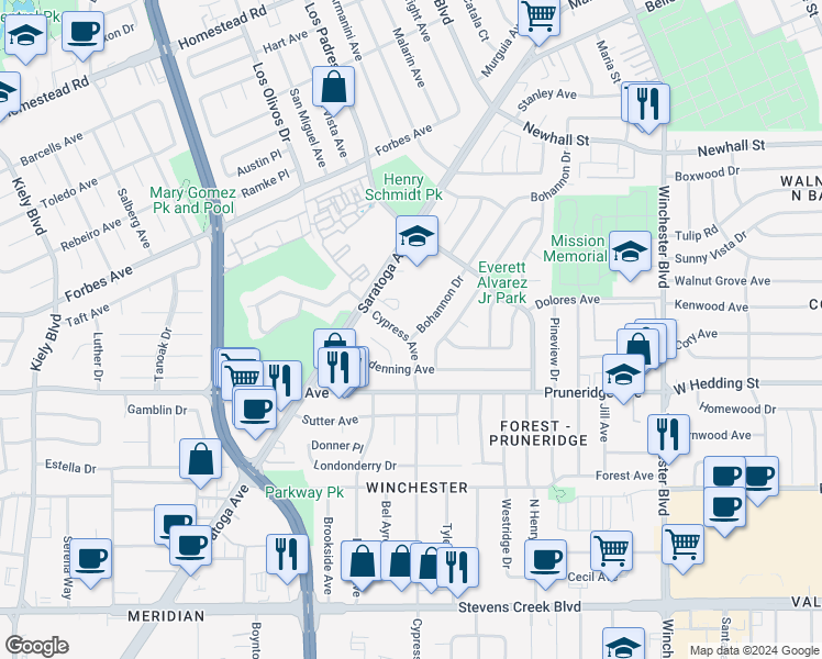 map of restaurants, bars, coffee shops, grocery stores, and more near 2387 Bohannon Drive in Santa Clara