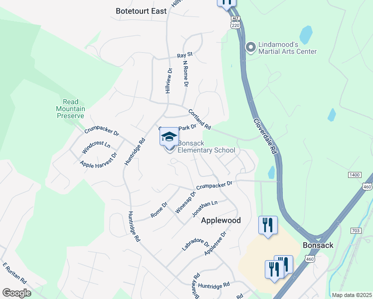 map of restaurants, bars, coffee shops, grocery stores, and more near 5476 Orchard Villas Circle in Roanoke