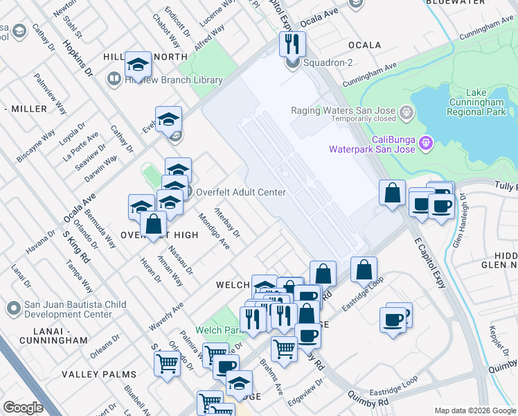 map of restaurants, bars, coffee shops, grocery stores, and more near 2110 Bayhaven Drive in San Jose