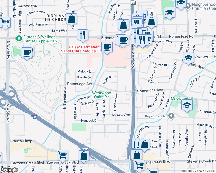 map of restaurants, bars, coffee shops, grocery stores, and more near 3755 Pruneridge Avenue in Santa Clara